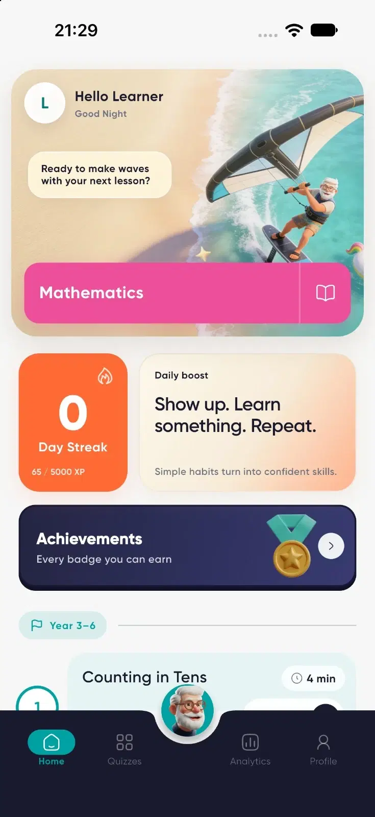 Maestro Guide app home screen showing a day streak, XP progress, achievements, a Year 3–6 learning path and the AI chat button