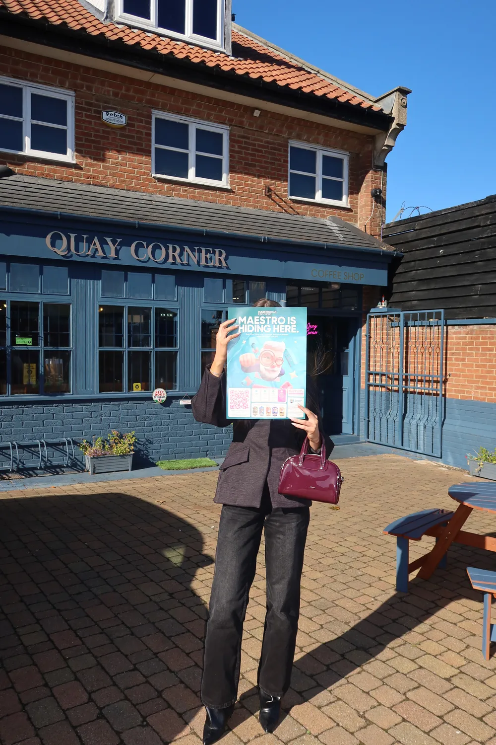 Find Maestro poster outside Quay Corner coffee shop in Stockton